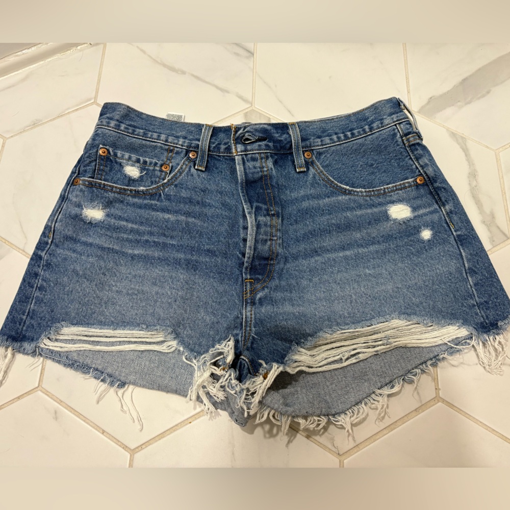 Levis Blue Frayed Hem Jean Shorts- 33